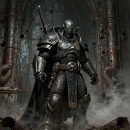 character portrait of the doomslayer!!!! in a gothic church, rusty metal walls, broken pipes, dark colors, muted colors, tense atmosphere, mist floats in the air, amazing value control, id software doom, muted colors, moody colors, dramatic lighting, john singer sargent, in the style of frank frazetta doom video game, doom slayer