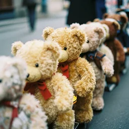 Teddy bears waiting in a queue, 35mm photography