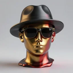 a head made out of melting metal, it is of black and golden and red color, it is wearing sunglasses and a hat, there are flowers all around it, blue paint melting, vogue cover style, greg rutkowski style, vincent di fate style, quetzalcoatl style, basquiat style