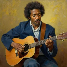 painting of robbie basho the influential folk blues and fingerstyle guitar player, painting by jc leyendecker
