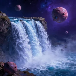 !! waterfall !! in asteroid field, purplish blueish space with stars in background, ultra detailed, high quality, very sharp, artstation award winner, digital painting, 8k, vibrant, ultra detailed water