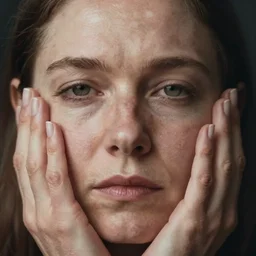 close up portrait of anne heche with no eyes and wrinkly hands for face drawn by beksinski, high definition