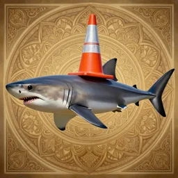great white shark, side view, with a silver and orange striped traffic cone construction cone on its dorsal fin, mandala background - ron cheng & alphonse mucha, highly detailed, digital painting, ray tracing, concept art, illustration, smooth sharp focus, intricate, symmetry, artstation,