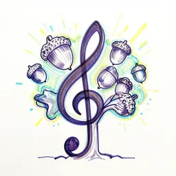single line thick sharpie drawing, acorn becomes tree in shape of treble clef, bursts of color, trending on art station, continuous line drawing