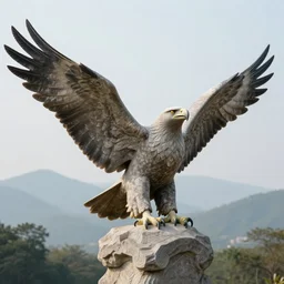 a majestic eagle made of stone, spreading it's wings wide and calling to the sky, hazy sky, mountain background, tree line, stylish, beautiful, epic