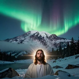 beautiful aurora blended with jesus portrait over mt rainier hdr ray tracing long exposure film