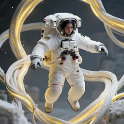complete view of a beautiful female astronaut in ecstasy and rapture, floating entangled in a massive bundle of thick white, yellow and luminous cables, absurdly beautiful, gorgeous, perfectly defined face, path traced, elegant, playful, young woman, an ultrafine hyperdetailed illustration by kim jung gi, irakli nadar, intricate linework, bright colors, octopath traveler, final fantasy, unreal engine 5 highly rendered, global illumination, radiant light, detailed and intricate environment