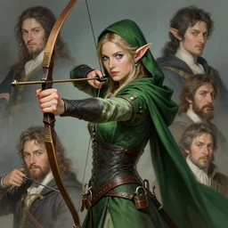 highly detailed portrait of an archer in the form of a beautiful elf woman. d & d. art by donato giancola, eugene delacroix, ruan jia, carl larsson, peter mohrbacher. trending on artstation, intricate details, energetic composition, concept art, illustration, elegant art, global illuminaition, hooded, blue eyes, green cloak