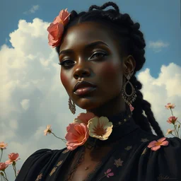 close - up fashion black woman portrait airy flowers cloudy sky art by vasnetsov