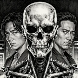 portrait terminator robocop by yusuke murata and masakazu katsura, detailed face,, artstation, highly - detailed, cgsociety, pencile and ink, city in the background, dark colors, intricate details