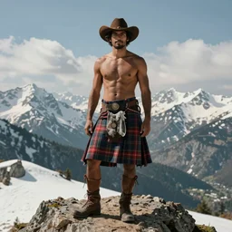 a homoerotic portrait by greg rutkowski and albert bierstadt and bill ward of a shirtless brown desi hiker on a mountain peak | he is wearing a revealing tartan kilt, cowboy hat, and leather boots | background is snowy mountains and clouds | trending on artstation