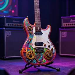guitar on a stand on a stage with a guitar amp, the guitar is futuristic steampunk textured with gears and tubes, 8 k, fluorescent colors, halluzinogenic, multicolored, exaggerated detailed, unreal engine - h 7 6 8 - n 9