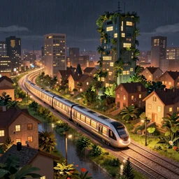Beautiful city at night with futuristic trains, metro, technology, utopia, houses, skyscraper overgrown with trees and plants. Raining at night with light pole illuminate the patch, Nice color scheme, warm colour. Beautiful artistic digital artwork by artist Lurid. (2022), Gediminas Pranckevicius