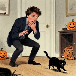 Justin Trudeau getting scared by a stray cat, terrified, spooked, trick or treat, drawn by bernie wrightson