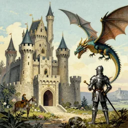 vintage fairytale illustration with a castle and a dragon and a knight
