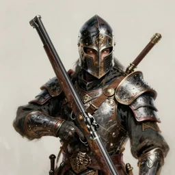 legendary kenku helmet knight wearing rare armor and brandishing a musket. concentrated expression. art by ralph mcquarrie and beksinski r / characterart