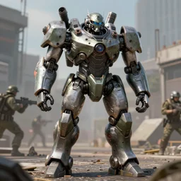combat mech from Metal Gear, highly detailed, urban combat background, militarism, photorealistic, digital art, concept art, octane render, unreal engine, artstation