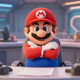 film still of real life super mario wearing his hat with his arms crossed crossed arms with!!!! his arms crossed!!!! sitting at a desk in the new sci - fi movie