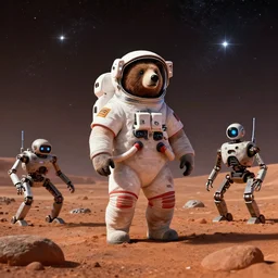 a bear in a astronaut suit on Mars surrounded by dead robots, with the sky full of stars, digital art, trending on artstation, HDR