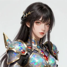 hyperdetailed portrait of beautiful opal and magma armored girl. highly detailed portrait, digital painting, sharp foccus ilustration, artstation hq. intricate, elegant. wlop, greg rutkowski, alphonse mucha, nimlot, rossdraws, marc simonetti. background by sean vo. abstract collage. full height. louise zhang.