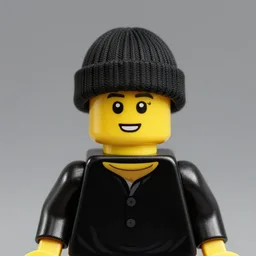 Portrait of Lego minifigure, wearing black beanie, dressed black sweetshirt, photography studio, hyperdetalied, 8K, high rendering, high quality,