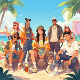 beautiful illustration of hiphop solarpunk summertime chill, by kevin gnutzmans, julie blackmon, julie bell, johannes voss, donato giancola, lorenz hideyoshi, martin ansin, miho hirano. trending on artstation, 8 k, masterpiece, graffiti paint, fine detail, full of color, intricate detail, golden ratio illustration, face enhance