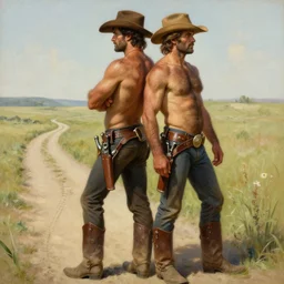 a homoerotic painting by mark maggiori, greg rutkowski, alphonse mucha j. c. leyendecker of two attractive hairy cowboy gunslingers in love standing back to back | bandoliers, shirtless, leather clothing | natural lighting, path traced, highly detailed, high quality, digital painting, trending on artstation