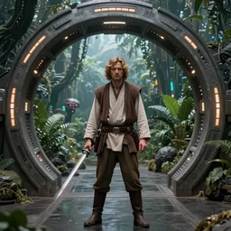 obi wan kenobi stands in front of a stargate, alien jungle in the background