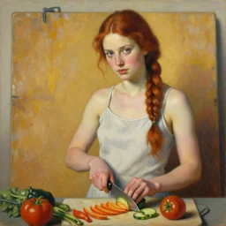 a beautiful painting of a gorgeous young mother with auburn side braid draped over her shoulder and pretty hazel eyes, standing in front of weathered cutting board, representative of the art style of artgerm and wlop and peter mohrbacher, holding knife and chopping vegetables