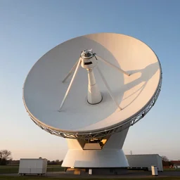 Jodrell Bank radio telescope dish with solid panels at sunset photographed across the Cheshire plane with a wide lens