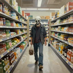 alse 5 in the grocery store of doom, hyper realistic painting