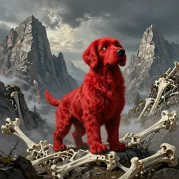 clifford the big red dog standing amongst mountains made of bones, painted by zdzisław beksinski