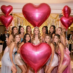 sweet sixteen pool party, photography, professional photoshoot, happy, smiling girls in dresses, glamour, fun, giant heart balloons, group shot, symmetrical faces, 8 0 mm, great composition, social media, trending, luxurious decor, bright lights,