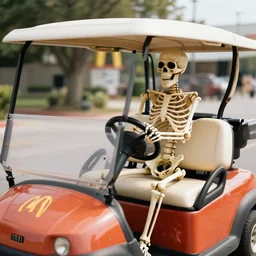 beautiful photograph of a skeleton driving a golf - cart into a mcdonald's drive - through