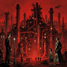 a giant weird industrial zone with strange lights in the background, in the style of beksinski, by edward hopper and rodcenko and yue minjun and cory loftis, intricate and epic composition, red by caravaggio, highly detailed, masterpiece, artstation, art nouveau