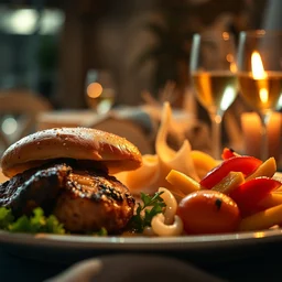 close - up focused dslr photograph of an amercian dinner, 8 k, high detail, volumetric lighting, hyperrealism, aesthetically pleasing, studio lighting, trending