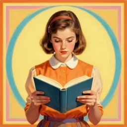 centre portrait of a girl reading a book!! symmetry, retro 8 0 s style, colourful, accurate, realistic illustration, art by peter elson