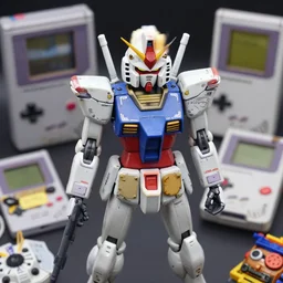 close upper body gundam figurine helmet shot. shallow depth of field. suit of armor. samus aran's varia suit in the style of a 1 9 8 0 s grey aged cassette tape player, a gameboy dmg - 0 1 classic, as well as the handyboy, konami hyperboy, saitek boosterboy accessories. cyberdeck. random bits and bobs.