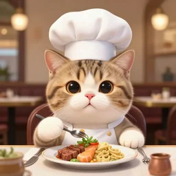 head and shoulders masterpiece portrait of a cute adorable cat wearing a chef hat, preparing a fancy lunch in a European bistro, digital art by Krenz Cushart, trending on artstation, cgsociety,