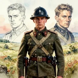 handmade character portrait of a wolrd war one ( year 1 9 1 6 ) british soldier in a stunning and thematic landscape in the style of artgerm and enki bilal and bastien lecouffe - deharme, wlop, line art, watercolor, cinematic lighting, hyperdetailed, 8 k realistic, symmetrical, global illumination, frostbite 3 engine, cryengine, dof, trending on artstation, digital art, chanel