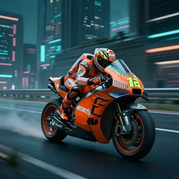 insanely moody cinematic render of motogp race on street of a cyberpunk city, motion blurred background, speed, teal and orange colors, vaporwave, photorealism, cinema still, photography, octane 3 d, vray render, insane details, 8 k high definition, artstation