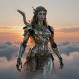 biblical beautiful female druid android, shiva, glowing veins, in clouds, sunset, mecha, portrait by wayne barlowe, by peter elson, muted colors, by frank frazetta, extreme detail, reflections, trending on artstation, 8 k