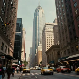 very low angle. futuristic. dreamlike. weird. horrific. something is wrong. city street at 1 9 5 0 s. low angle. old photo. atmospheric. skyscrapers. vivid colours, mysterious. epic scene. trending on trainstation. 4 k. very high detailed.