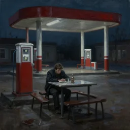 dark oil realistic painting a gaunt man sits alone at a table in a depressing gloomy soviet gas station