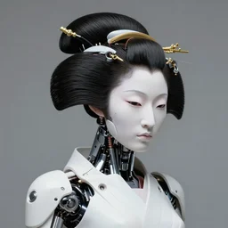 fine art portrait head shot minimal geisha cyborg mech by ilm and bill sienkiewicz and emmanuel shiu, zaha hadid, mgxs, simplified neo - futuristic tactical, posed, studio, mamiya 6 5 mm, iso 4 0 0, f / 5. 6, hyperrealism, studio lighting, studio, high detail, sharp focus, trending artstation, cgsociety