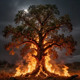 portrait art of oak tree on fire in hell 8k ultra realistic , lens flare, atmosphere, glow, detailed,intricate, full of colour, cinematic lighting, trending on artstation, 4k, hyperrealistic, focused, extreme details,unreal engine 5, cinematic, masterpiece