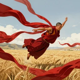 a wide angle lens shot on full - frame camera of tibetan monk flying over wheat field weightlessness in traditional red cloth. a lot of flying red fabric around, monk body movements looks like modern dance choreography. illustration by craig mullins, yoji shinkawa, trending on artstation, peter mohrbacher, hyper detailed, intricate