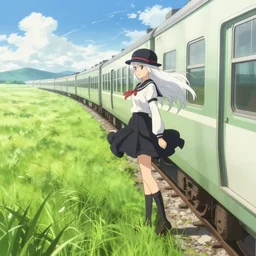 girl with long white hair and a round hat wearing a black and white school uniform with a red ribbon standing on the edge of a moving train in the middle of grass fields on a windy and sunny day, illustration concept art anime key visual trending pixiv fanbox by wlop and greg rutkowski and makoto shinkai and studio ghibli