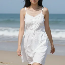 90's Professional Color Photography, Nikon, close up, A girl in white walking on the beach, Summer