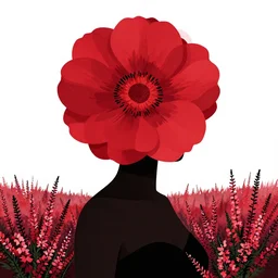 body shot of an african woman in a heather field, a large flower instead of the head, intricate, dark enlightenment, in love, clean cel shaded vector art. shutterstock. behance hd by lois van baarle, artgerm, helen huang, by makoto shinkai and ilya kuvshinov, rossdraws, illustration, art by ilya kuv, black and red